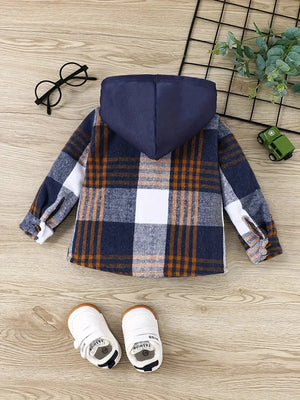 Autumn and Winter English Style Baby Boy Plaid Jacket Outdoor Casual Fashion Foreign Warm New Street Hooded Pocket Coat - SPINGHAR