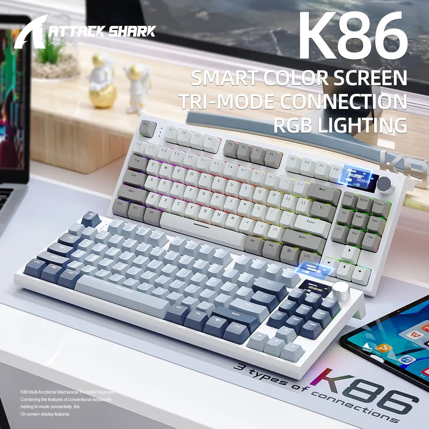 K86 Wireless Hot-Swappable Mechanical Keyboard Bluetooth/2.4g With Display Screen and Volume Rotary Button for Games and Work SPINGHAR