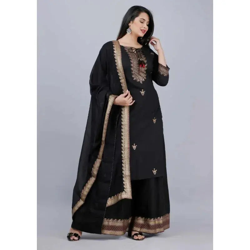 Stitched Pakistani Black Salwar Kameez with Dupatta & Palazzo - Women's Kurta Suit - SPINGHAR