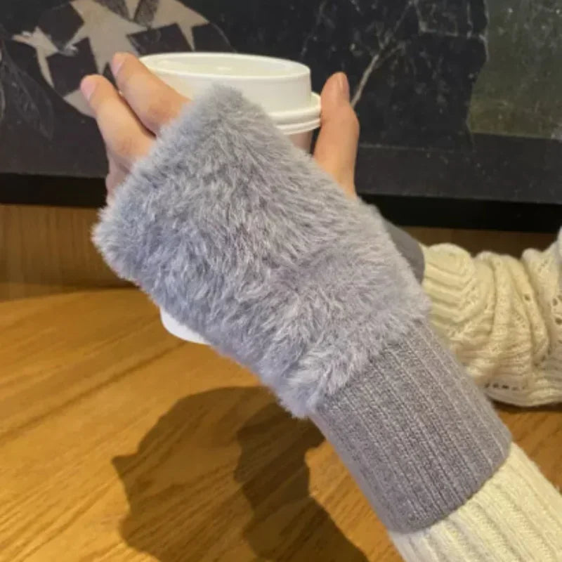 2024 New Mink Fleece Half Finger Gloves for Women's Soft Winter Warmth Luxury Solid Color Plush Knitted Fingerless Gloves SPINGHAR