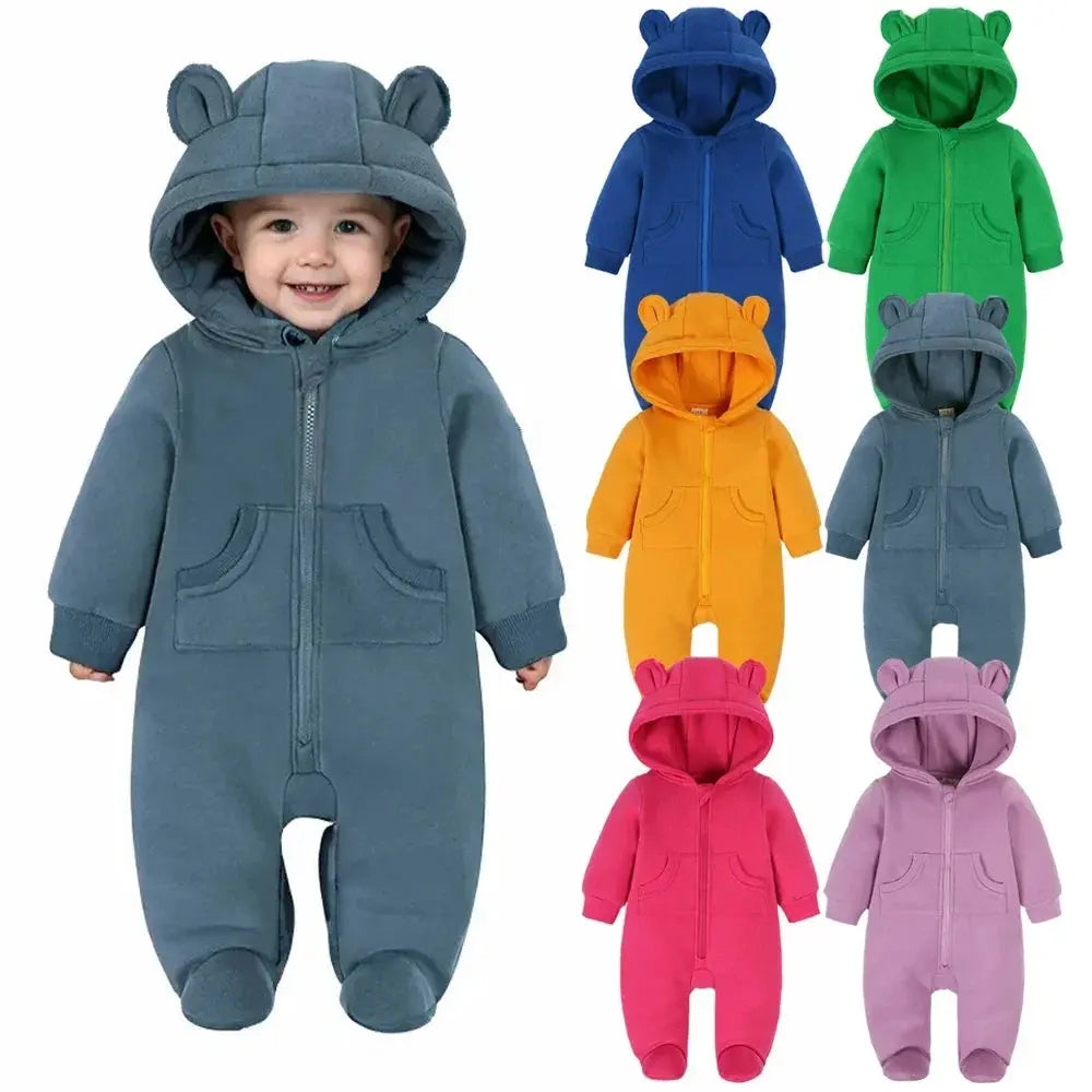 2024 Newborn Baby Winter Warm Romper Solid Pocket Hooded Bear Thick Clothes 0-24M Infant Korean Boy Girl Outfits Bodysuit - SPINGHAR