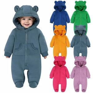 2024 Newborn Baby Winter Warm Romper Solid Pocket Hooded Bear Thick Clothes 0-24M Infant Korean Boy Girl Outfits Bodysuit - SPINGHAR