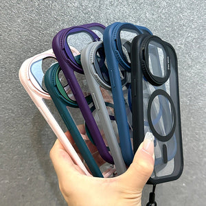 Fold Glass Lens Stand Magnetic Transparent Case For iPhone 16 15 14 13 12 11 Pro Max For Magsafe Wrist Strap Shockproof Cover SPINGHAR