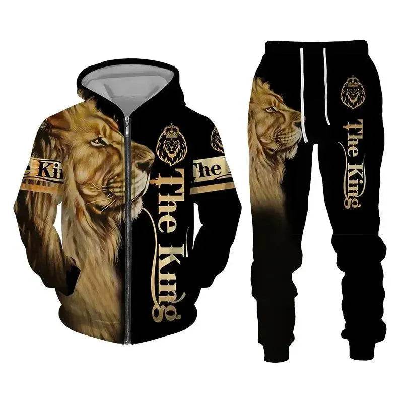 Men's 3D Lion Print Tracksuit Set | Autumn & Winter Zipper Hoodie & Pants - SPINGHAR