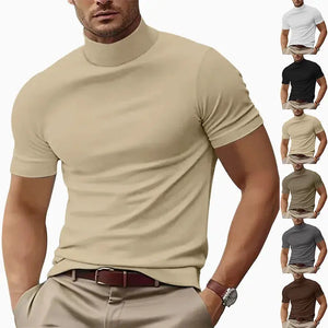 Summer Men's Casual Semi-High Neck T-Shirt - Slim Fit Solid Color - SPINGHAR