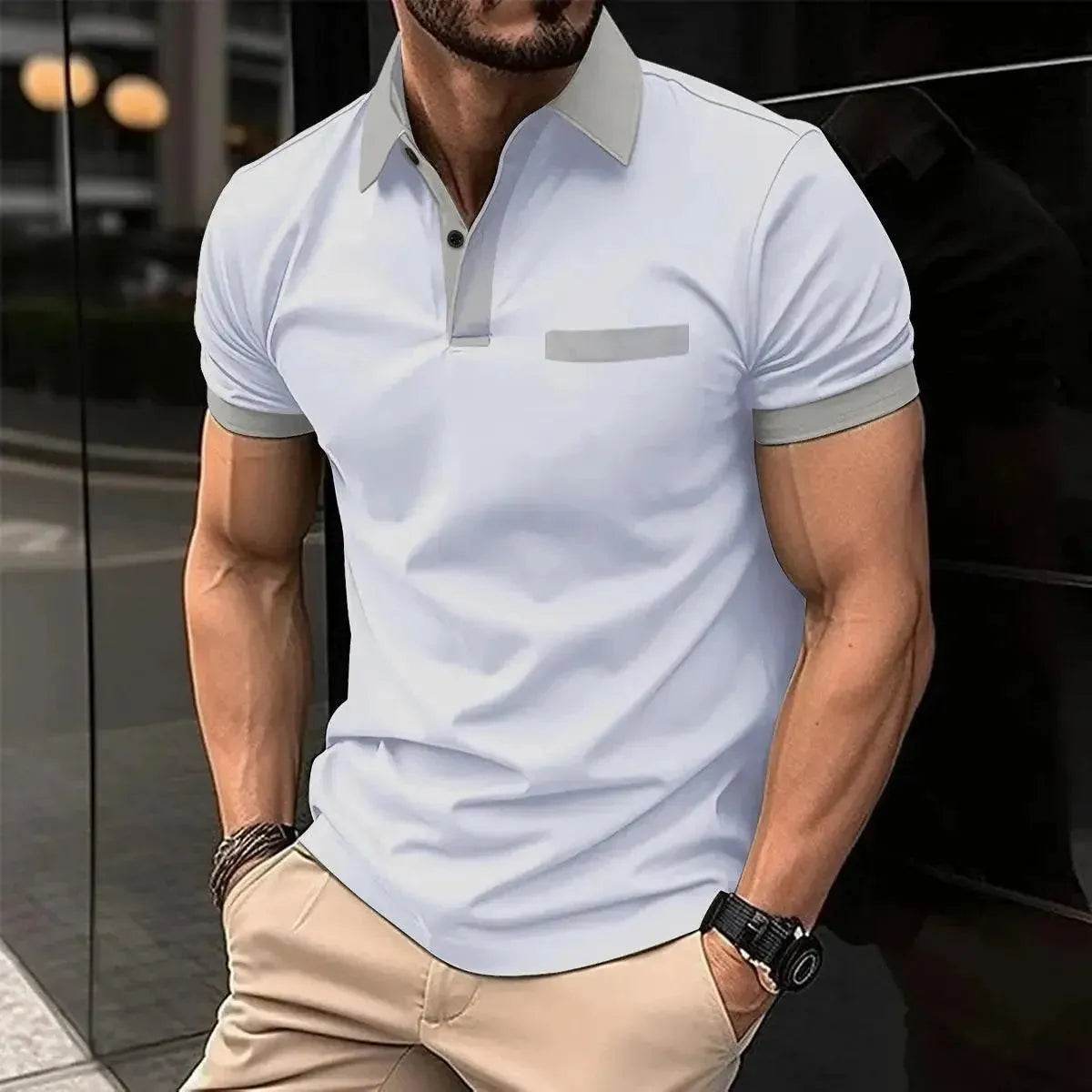 New Summer Men's Short Sleeve Polo Shirt - Splice Stripe Fashion Top - SPINGHAR