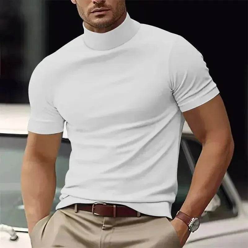 Summer Men's Casual Semi-High Neck T-Shirt - Slim Fit Solid Color - SPINGHAR