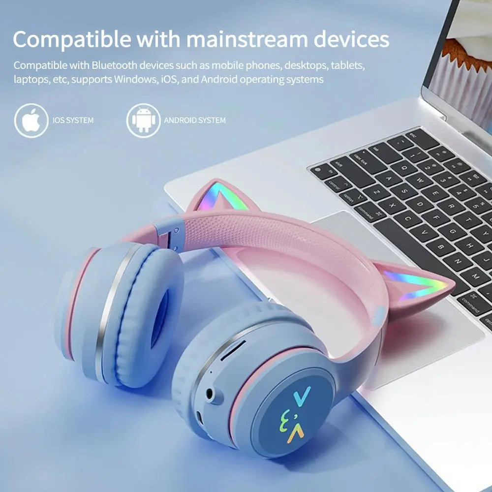 Gradient wireless Headphones RGB cute cat ear Bluetooth Earphones with microphone Stereo Music Game Earphone Girls Kids Gifts - SPINGHAR