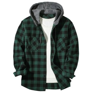 Men's Shirts Classic Plaid Casual Button Down Hooded Long Sleeved Double Pockets Shirt Hoodie Flannel Jacket Spring Autumn Tops SPINGHAR