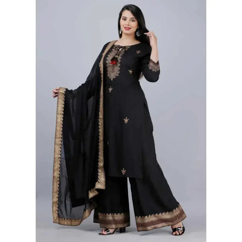 Stitched Pakistani Black Salwar Kameez with Dupatta & Palazzo - Women's Kurta Suit - SPINGHAR