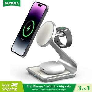 Bonola Magnetic 3 in 1 Wireless Charger for iPhone 15/13/14 Pro Max/12 30W Wireless Charging Station for Apple Watch/AirPods Pro SPINGHAR