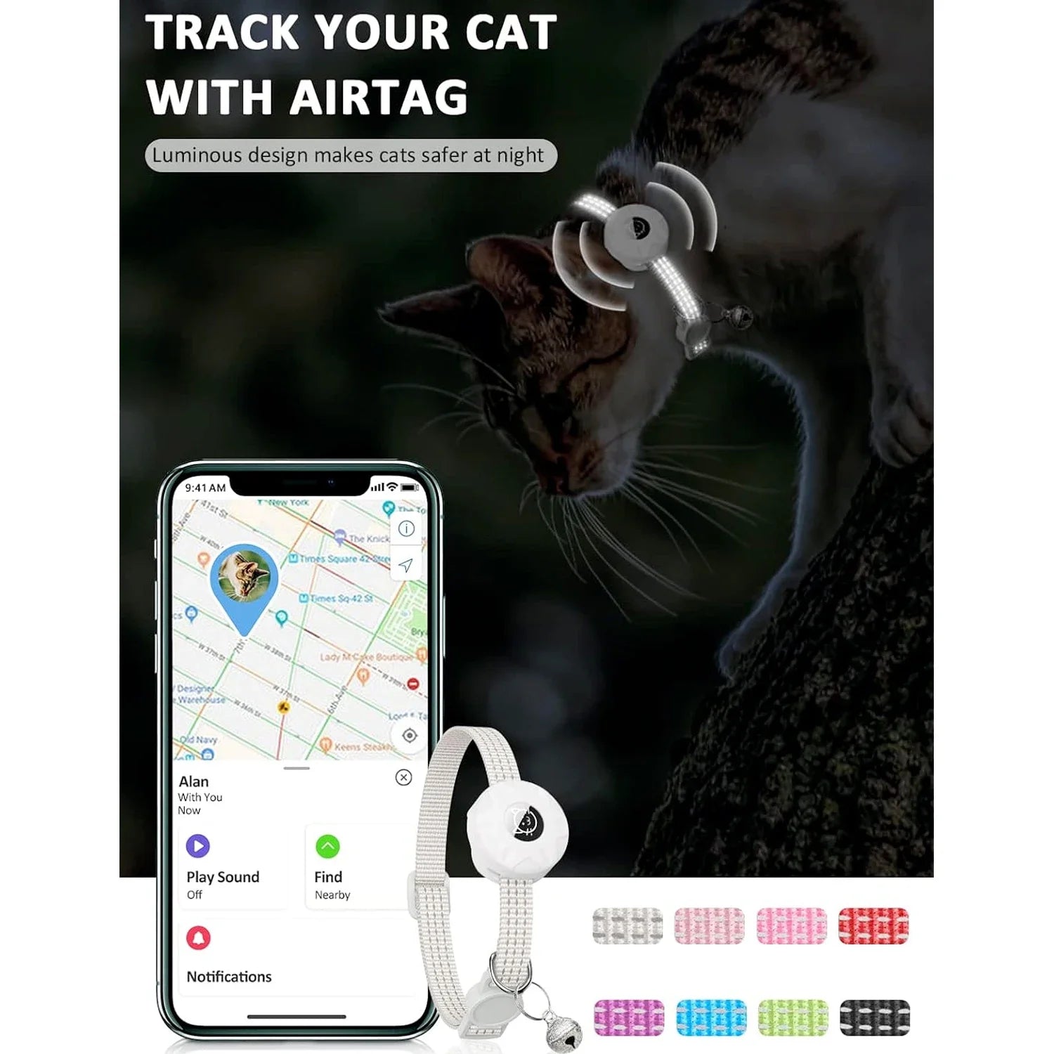 for Apple AirTag Cat Collar,Air Tag Pet Collar with airtag Holder and Bell Reflective GPS Kitten Collar for Girl Boy Cats gatos SPINGHAR