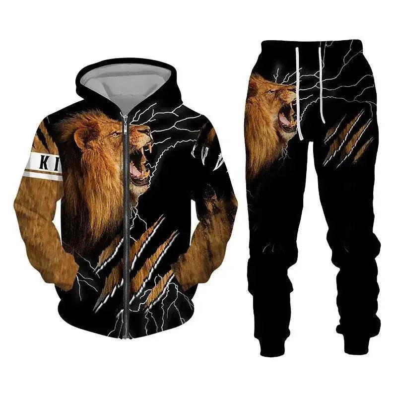 Men's 3D Lion Print Tracksuit Set | Autumn & Winter Zipper Hoodie & Pants - SPINGHAR