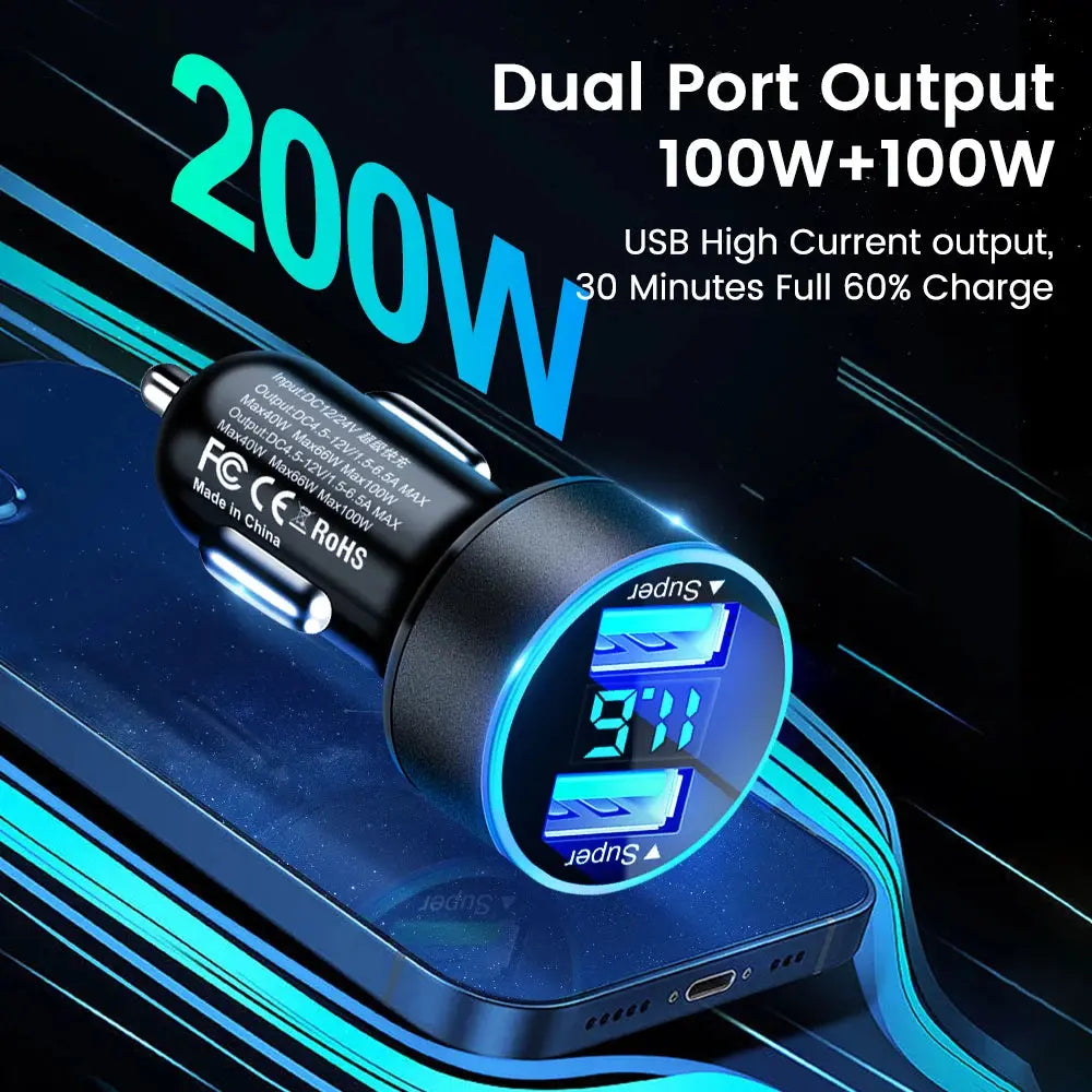 200W Car Charger Dual USB Ports Super Fast Charging with Digital Display Quick Charging Adapter For IPhone Samsung Xiaomi Huawei - SPINGHAR