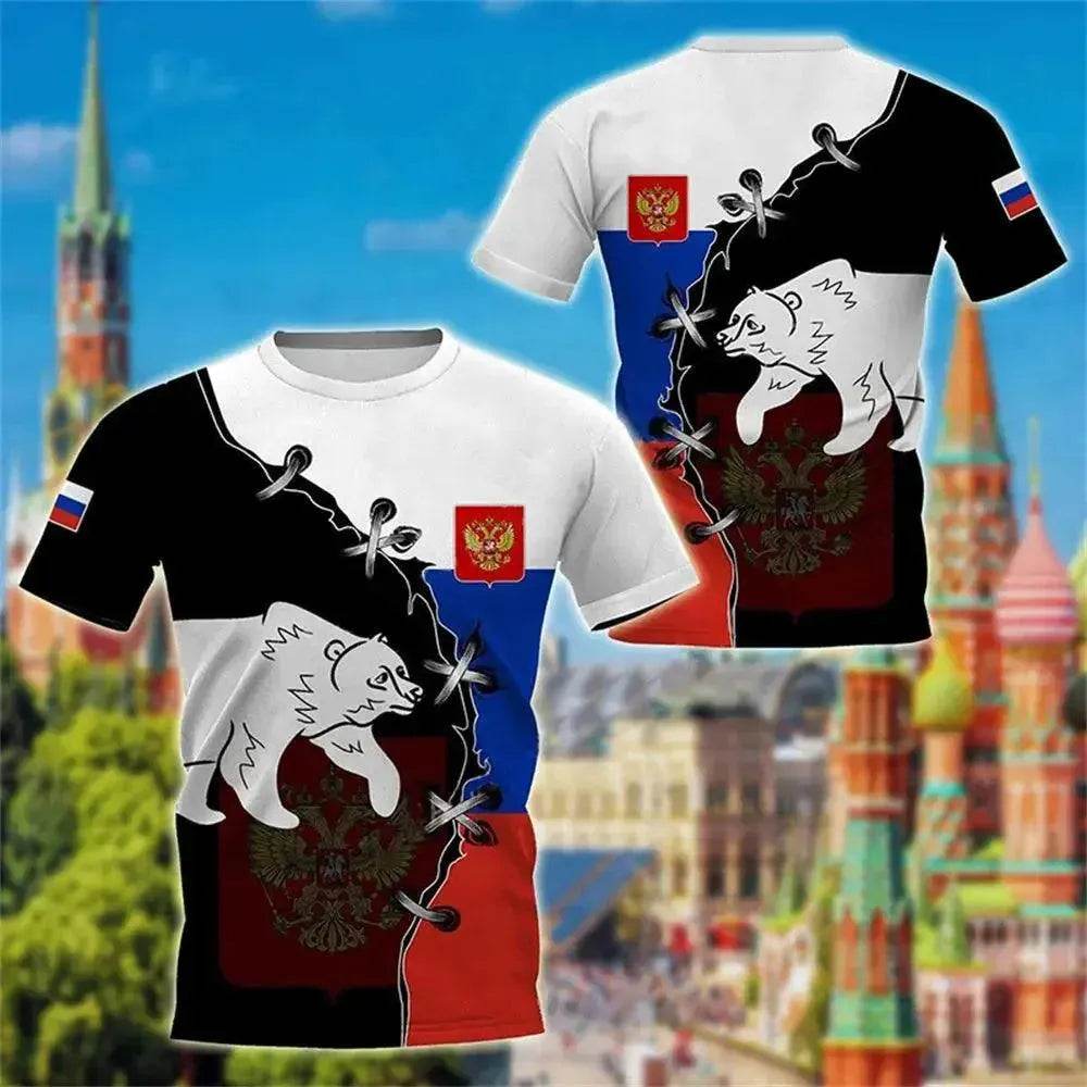 Men's Casual Loose Round Neck T-Shirts with Russian Flag - Oversized Streetwear - SPINGHAR