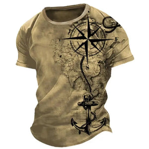 Vintage Men's Summer T-Shirt | Compass Printed Short Sleeve Tee for Casual Streetwear - SPINGHAR