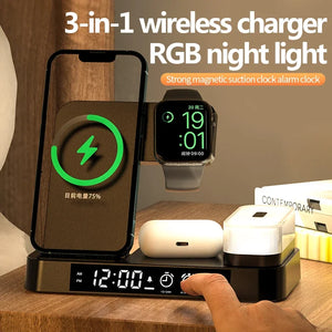 30W 3 In 1 Wireless Charger Stand Pad Alarm Clock Night Light Fast Charging Station Dock for iPhone Samsung Galaxy Watch IWatch SPINGHAR