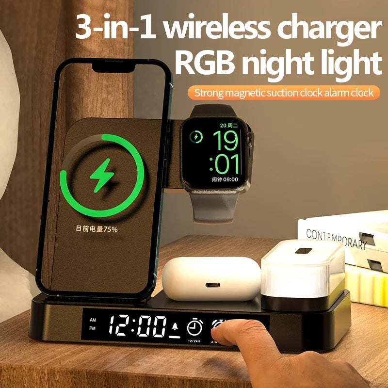 30W 3 In 1 Wireless Charger Stand Pad Alarm Clock Night Light Fast Charging Station Dock for iPhone Samsung Galaxy Watch IWatch SPINGHAR