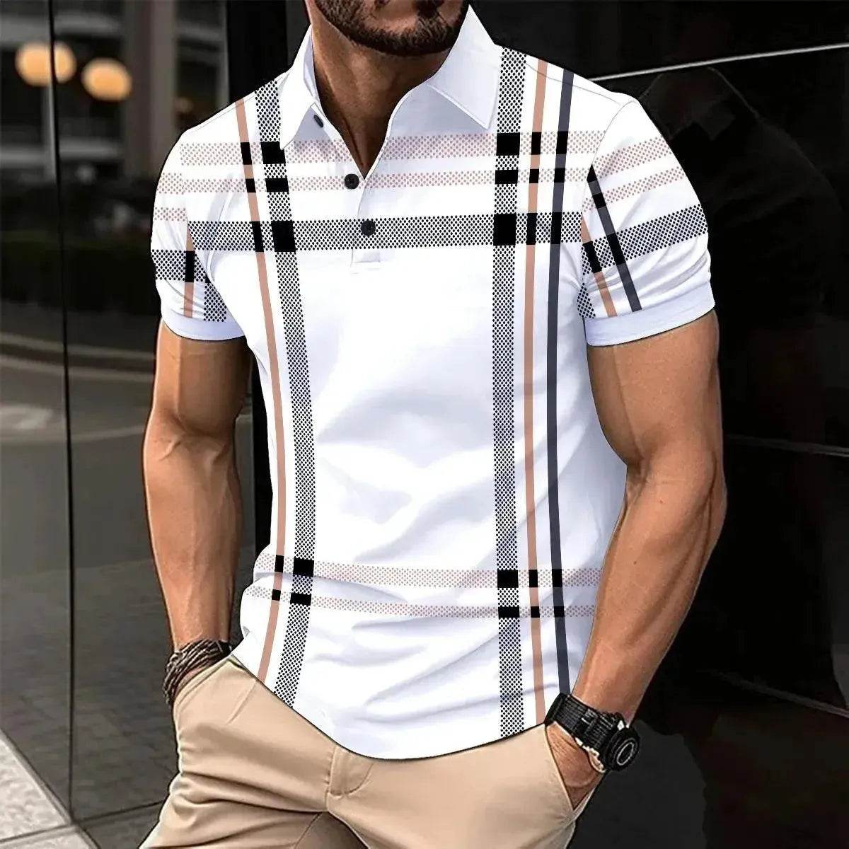 New Summer Men's Short Sleeve Polo Shirt - Splice Stripe Fashion Top - SPINGHAR