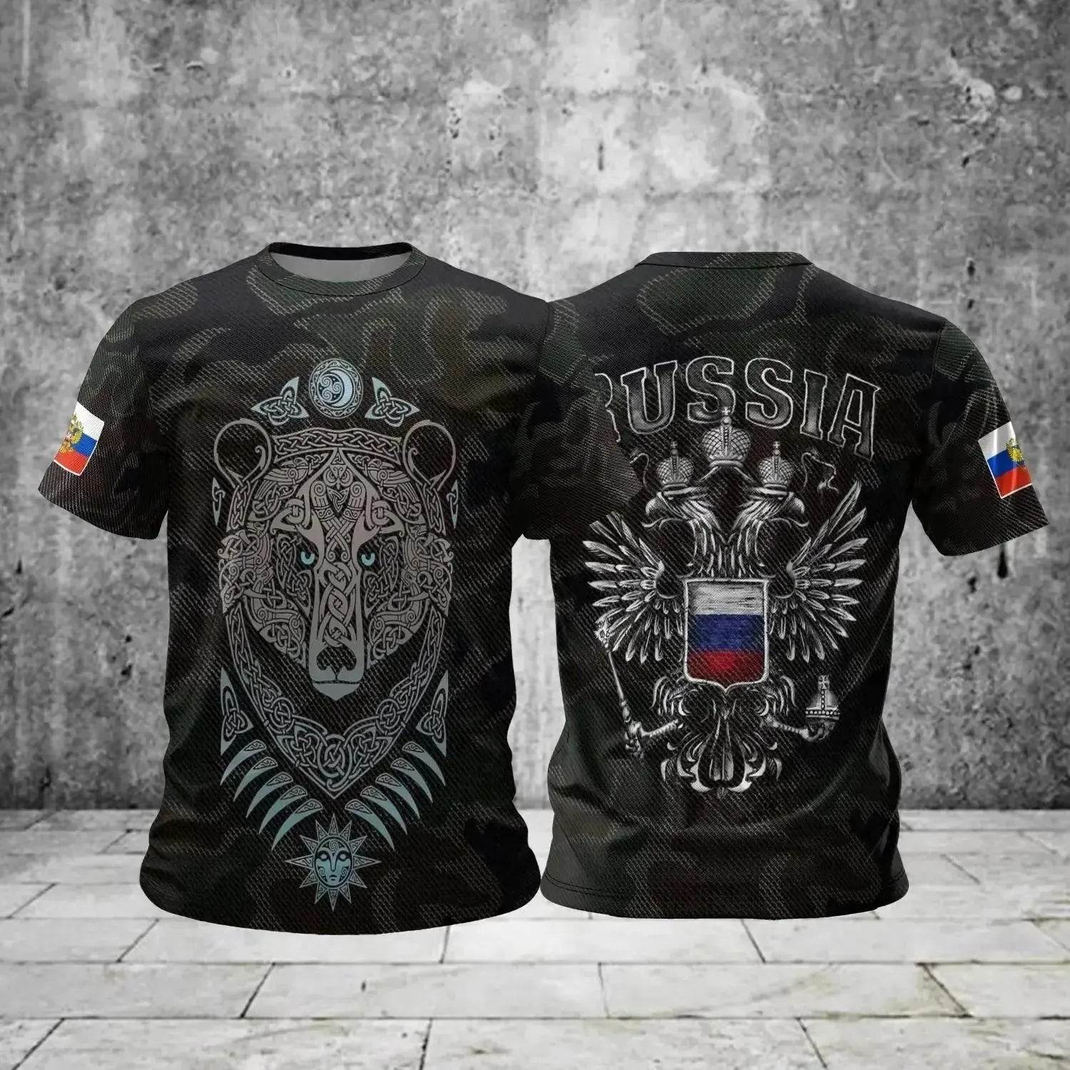 Men's Casual Loose Round Neck T-Shirts with Russian Flag - Oversized Streetwear - SPINGHAR