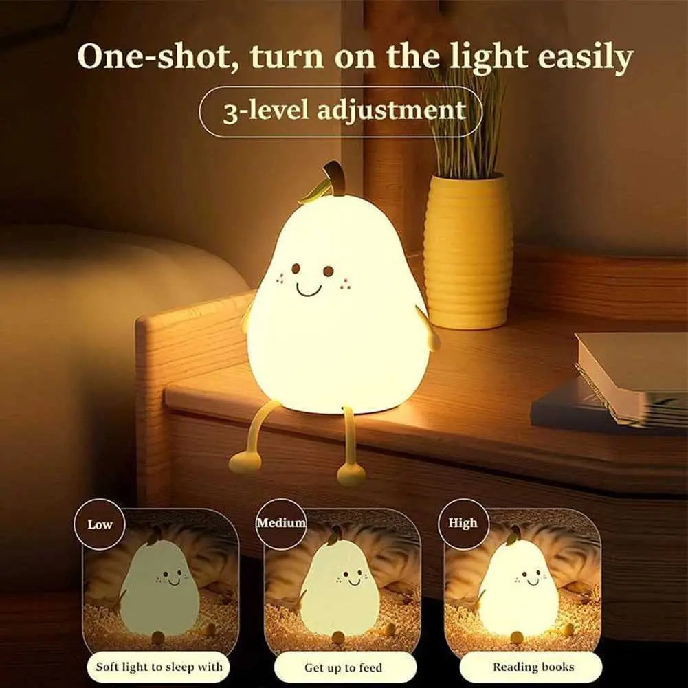 Night Lights for Kids Pear Shaped Cute Silicone Nightlight 7 Colors Dimmable Night Lamp USB Charging for Bedroom Bedside Room SPINGHAR