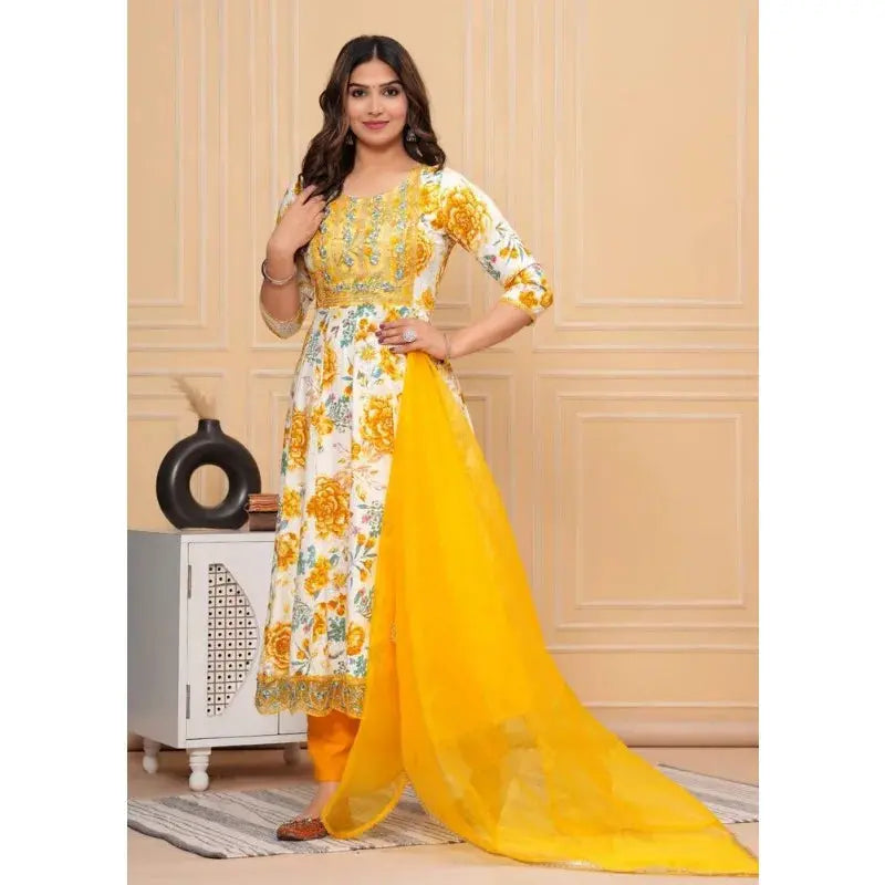 Yellow Haldi Wedding Partywear Indian Women Long Anarkali Salwar Kurti Dress Set - SPINGHAR