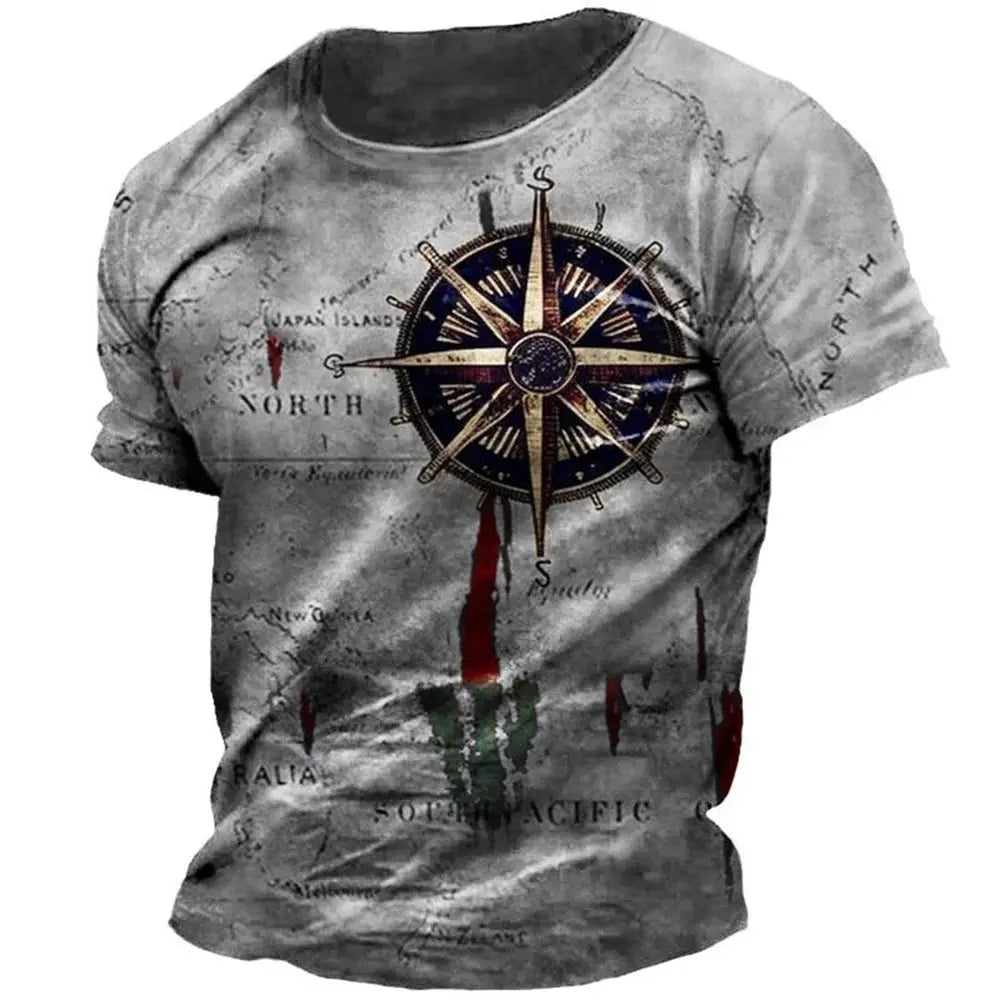 Men's Vintage Nautical Map Compass Print T-Shirt | Casual Loose Fit Short Sleeve Tee for Summer - SPINGHAR