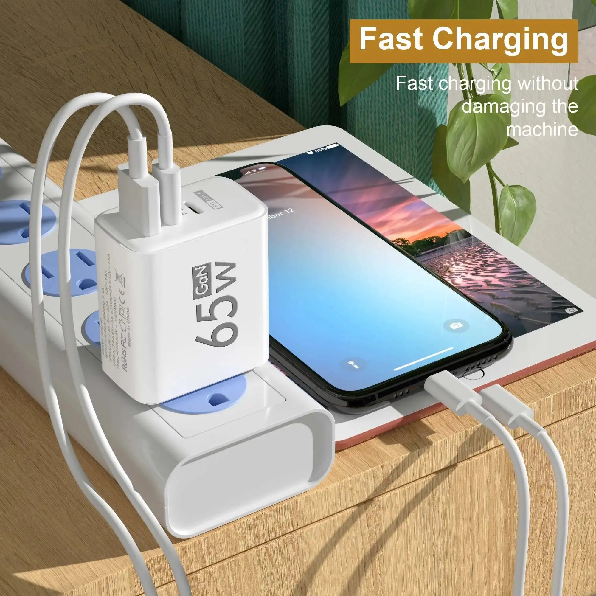 65W USB C Charger GaN Fast Charging Charger PD Quick Charge 3.0 Wall For Phone Adapter For iPhone 15 Xiaomi POCO Samsung Oneplus - SPINGHAR