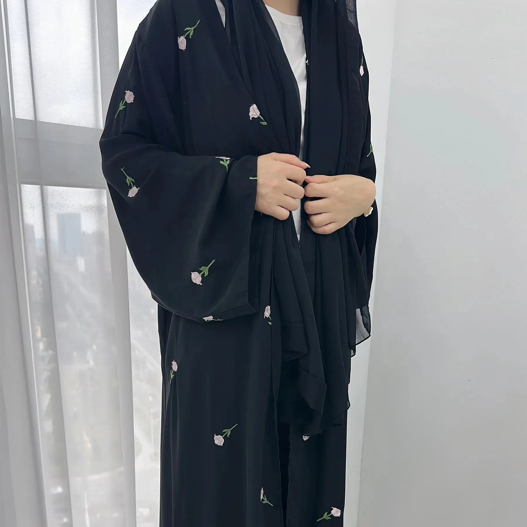 2024 Black Embroidered Kimono Abaya - SPINGHAR