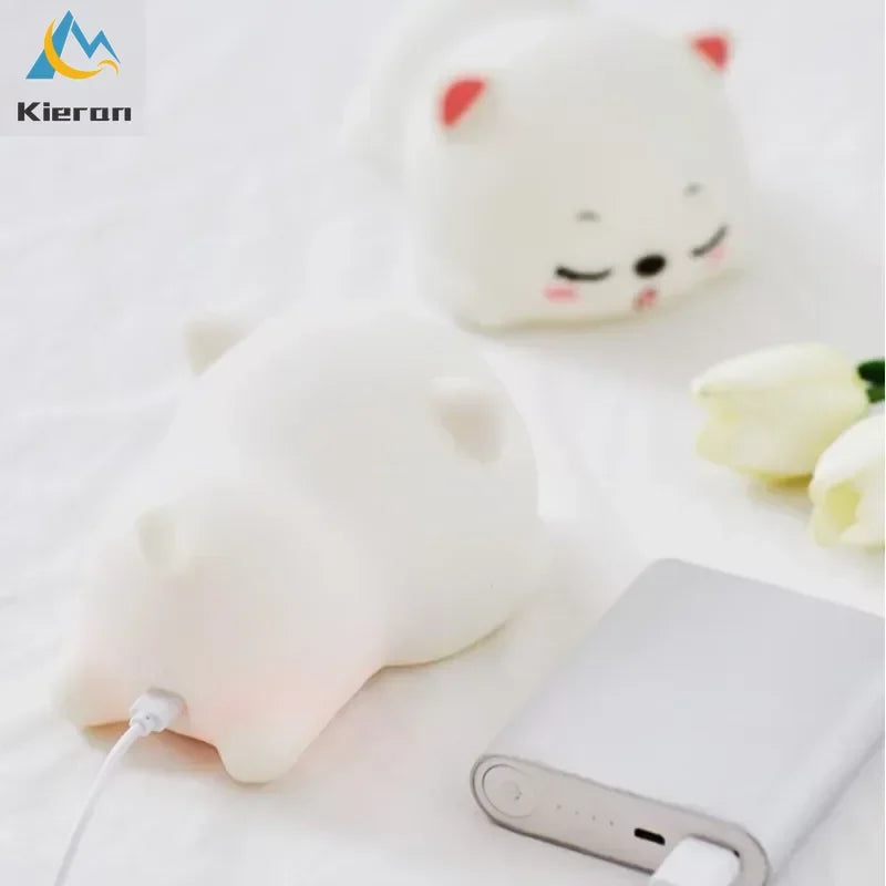 Lovely Cat USB Rechargeable Silicone LED Night Light Bedroom Bedside Floor Lamp with Remote for Kids Baby Gift Touch Sensor Lamp SPINGHAR