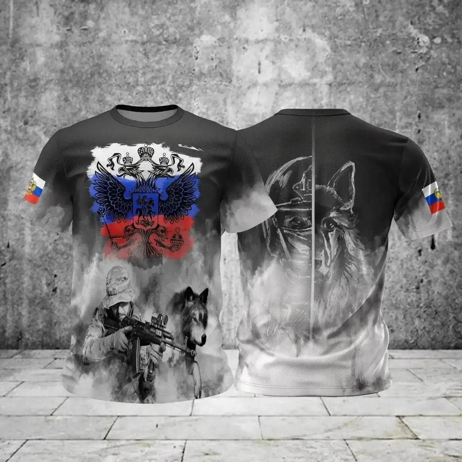 Men's Casual Loose Round Neck T-Shirts with Russian Flag - Oversized Streetwear - SPINGHAR