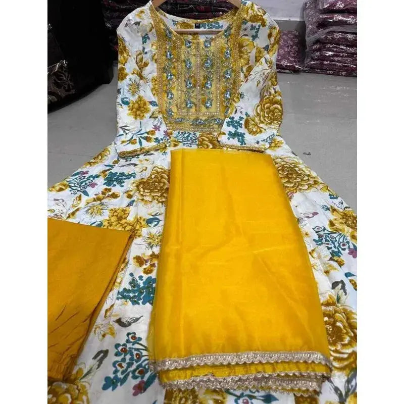 Yellow Haldi Wedding Partywear Indian Women Long Anarkali Salwar Kurti Dress Set - SPINGHAR