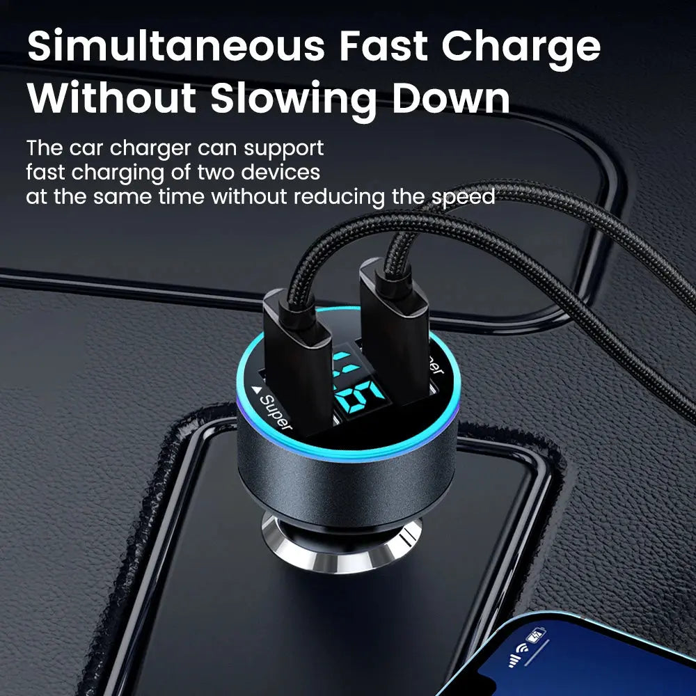 200W Car Charger Dual USB Ports Super Fast Charging with Digital Display Quick Charging Adapter For IPhone Samsung Xiaomi Huawei - SPINGHAR