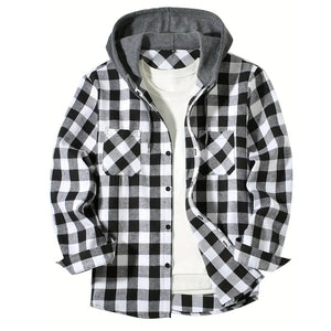 Men's Shirts Classic Plaid Casual Button Down Hooded Long Sleeved Double Pockets Shirt Hoodie Flannel Jacket Spring Autumn Tops SPINGHAR