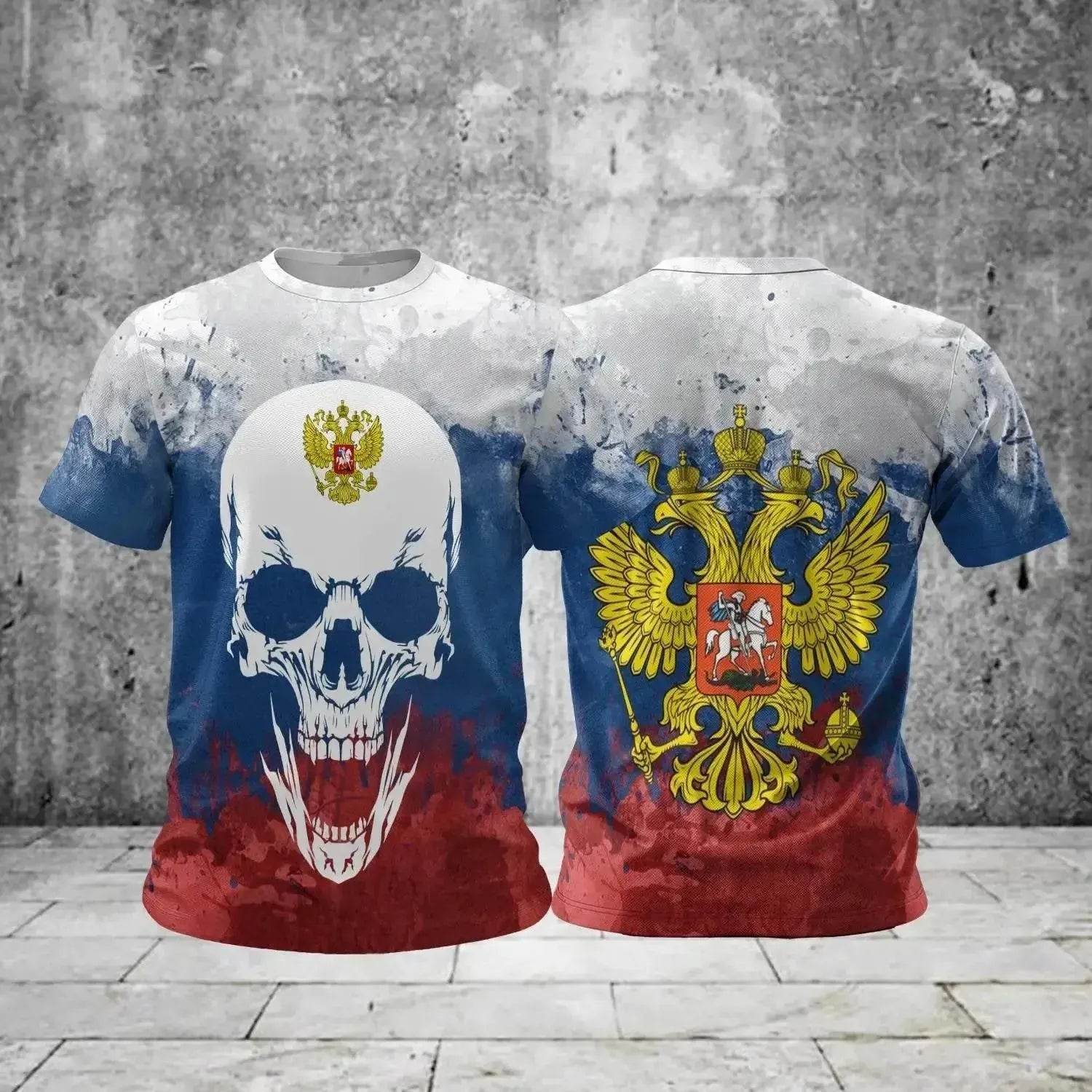 Men's Casual Loose Round Neck T-Shirts with Russian Flag - Oversized Streetwear - SPINGHAR