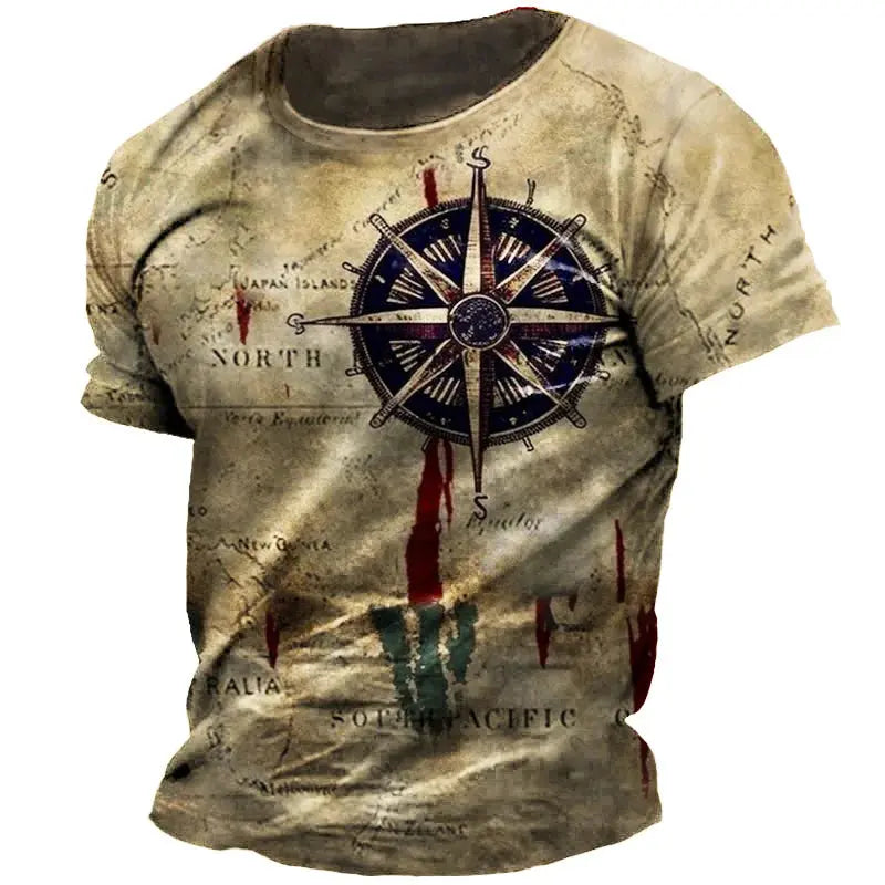 Vintage Men's Summer T-Shirt | Compass Printed Short Sleeve Tee for Casual Streetwear - SPINGHAR