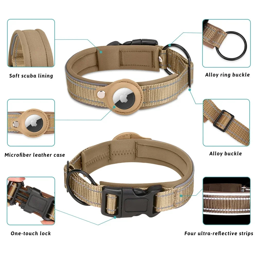 Waterproof Anti-Lost Dog Collar Padded Collars with AirTag Holder GPS Tracker Protective Case Adjustable Collar for Large Dogs SPINGHAR