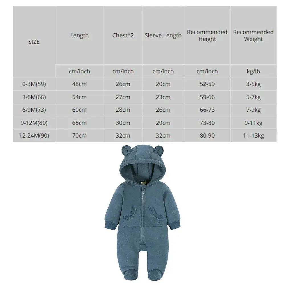 2024 Newborn Baby Winter Warm Romper Solid Pocket Hooded Bear Thick Clothes 0-24M Infant Korean Boy Girl Outfits Bodysuit - SPINGHAR