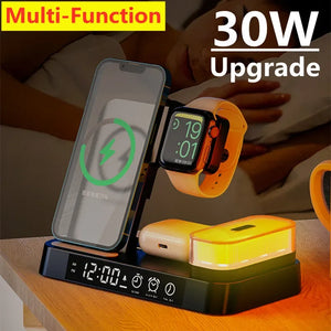 30W 3 In 1 Wireless Charger Stand Pad Alarm Clock Night Light Fast Charging Station Dock for iPhone Samsung Galaxy Watch IWatch SPINGHAR