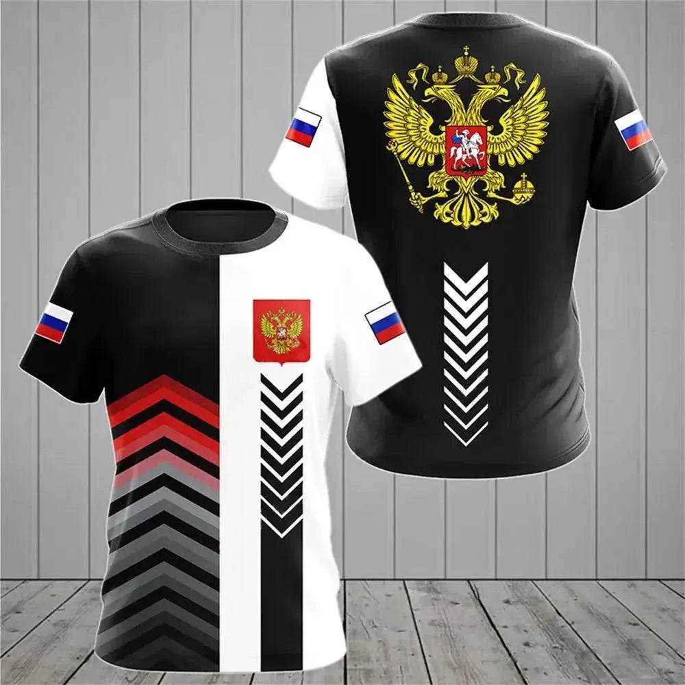 Men's Casual Loose Round Neck T-Shirts with Russian Flag - Oversized Streetwear - SPINGHAR