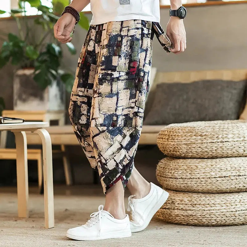 Harajuku Summer Loose Calf-Length Pants for Men | Wide Leg Cotton Linen Baggy Trousers - SPINGHAR