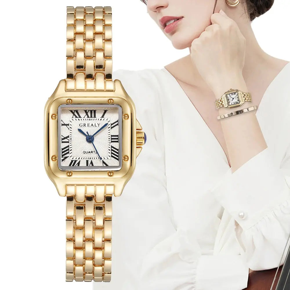 Women's Fashion Square Watches Gold Alloy Strap 2024 Luxury Ladies Quartz Wristwatches Qualities Female Roman Scale Clock - SPINGHAR