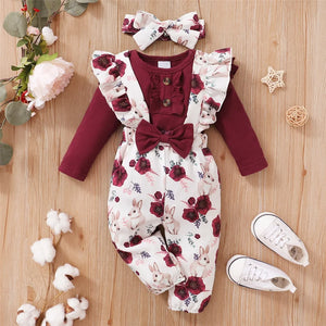 0-18Months Baby Girl Clothes Set Red Color Long Sleevs Bodysuit + Flower Strap Pants 2PCS Infant Girl New Years Clothing Suit SPINGHAR