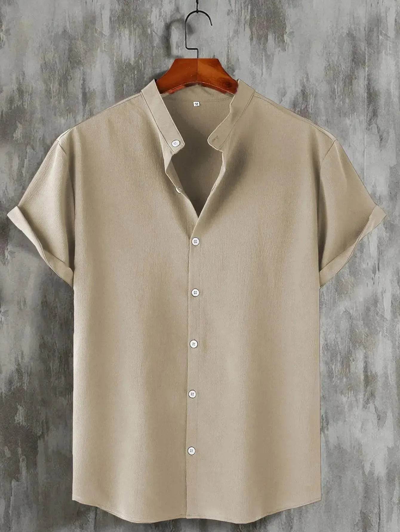 Summer Men's Short Sleeve Button Down Henley Shirt - Casual Solid Beach Wear - SPINGHAR