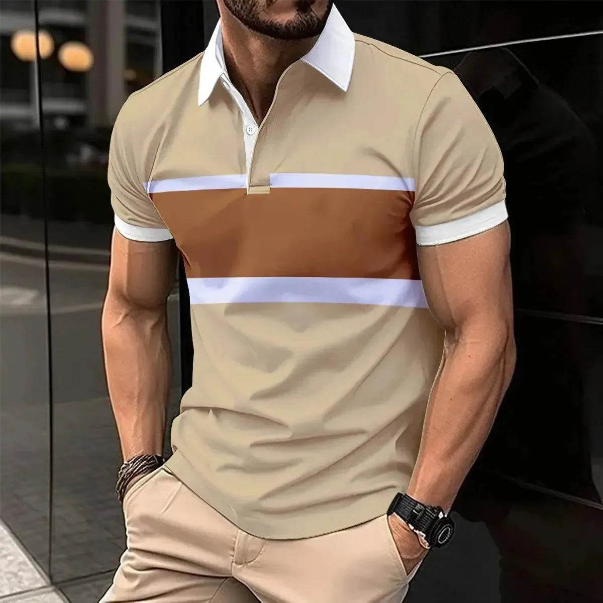 New Summer Men's Short Sleeve Polo Shirt - Splice Stripe Fashion Top - SPINGHAR