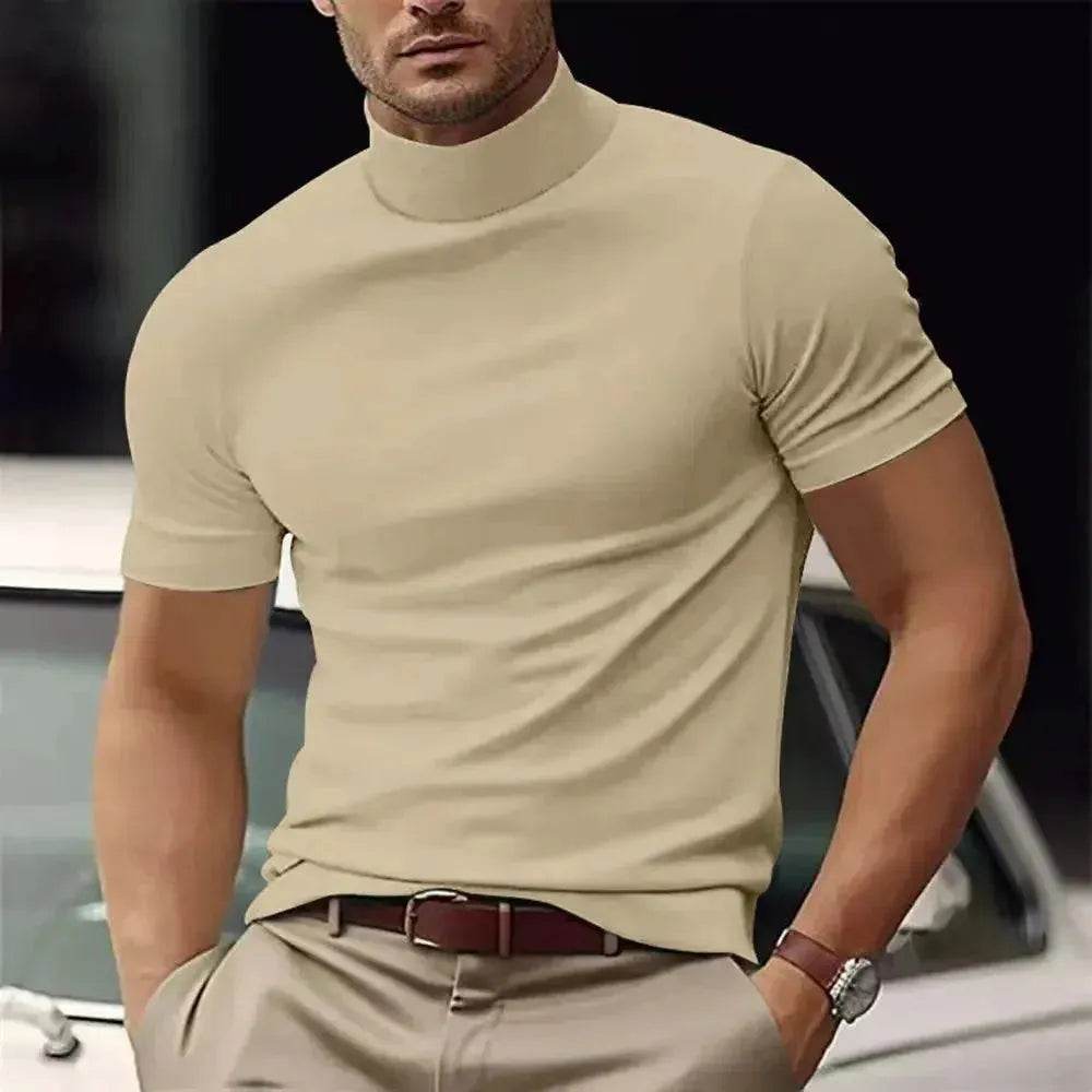 Summer Men's Casual Semi-High Neck T-Shirt - Slim Fit Solid Color - SPINGHAR