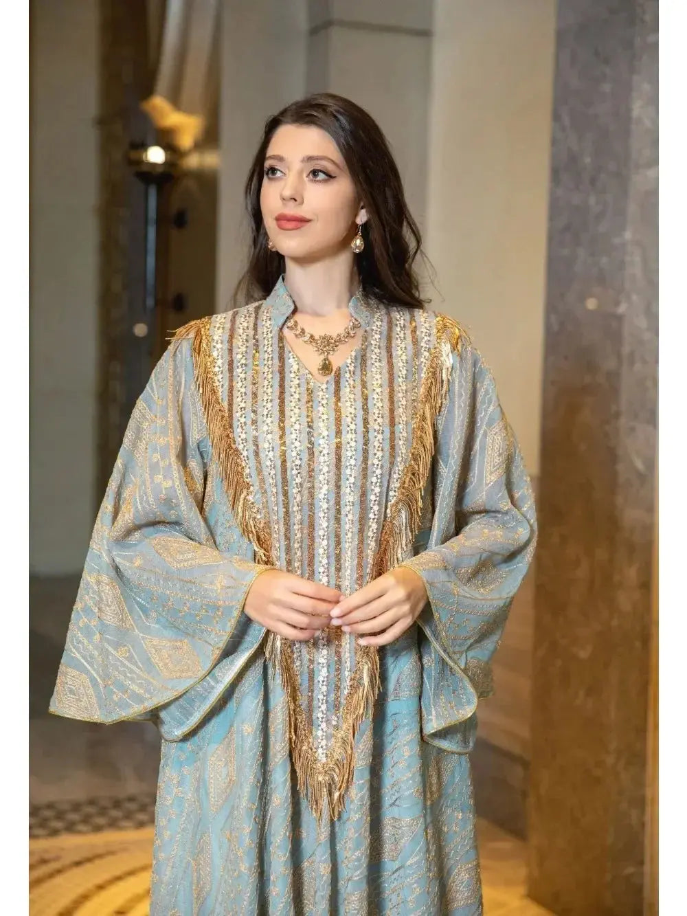 Moroccan Party Dress for Women - Sequined Mesh Jalabiya Abaya Kaftan - SPINGHAR