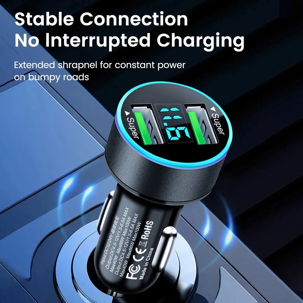 200W Car Charger Dual USB Ports Super Fast Charging with Digital Display Quick Charging Adapter For IPhone Samsung Xiaomi Huawei - SPINGHAR