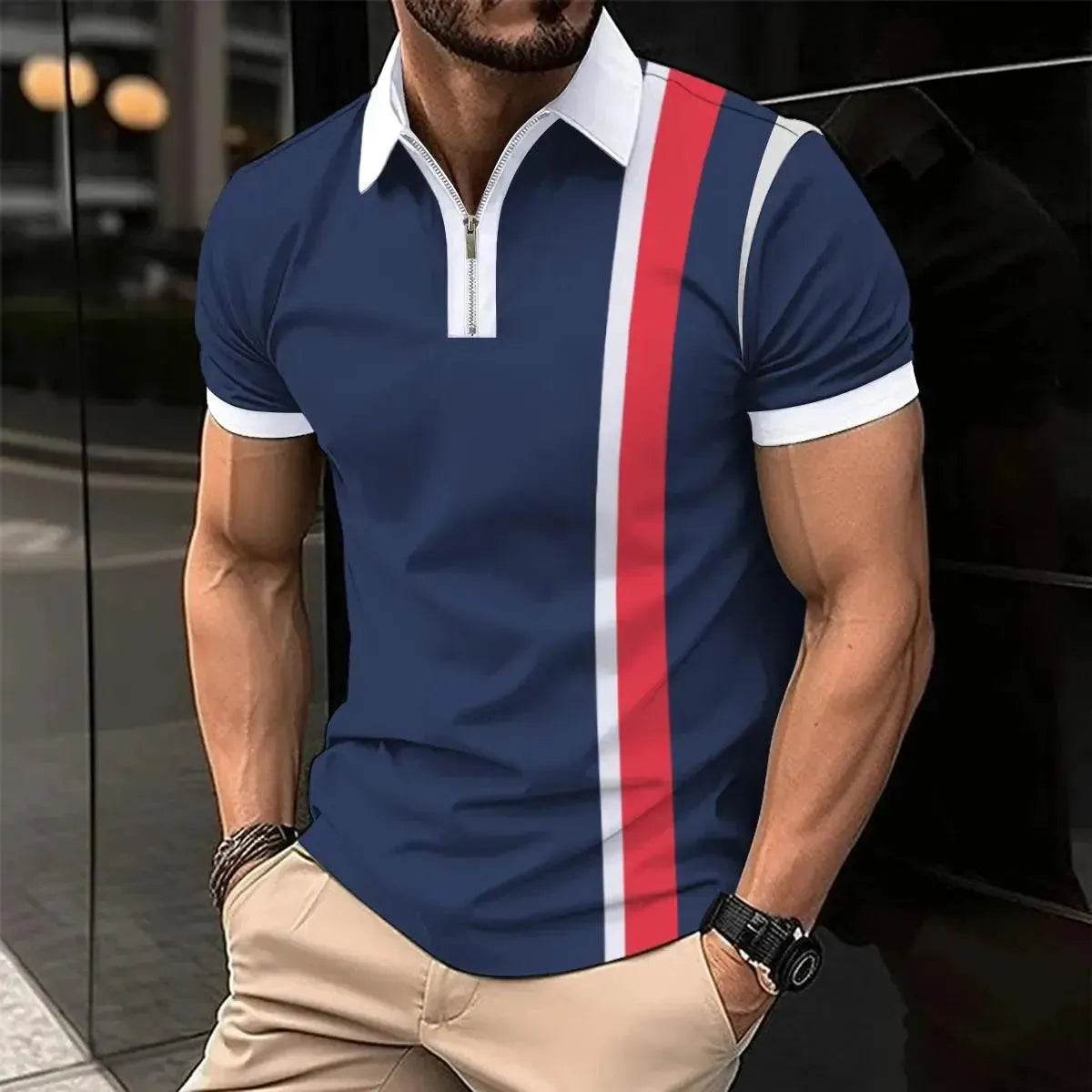 New Summer Men's Short Sleeve Polo Shirt - Splice Stripe Fashion Top - SPINGHAR