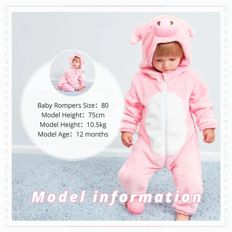 MICHLEY Halloween Gifts Pink Pig Baby Rompers Autumn Winter Clothes Costume Flannel Hooded Bodysuit Pajamas Jumpsuit For Girls - SPINGHAR